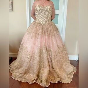 Princesa by Ariana Vara Quinceanera Dress Pink Gold Beaded Sparkle Strapless 10